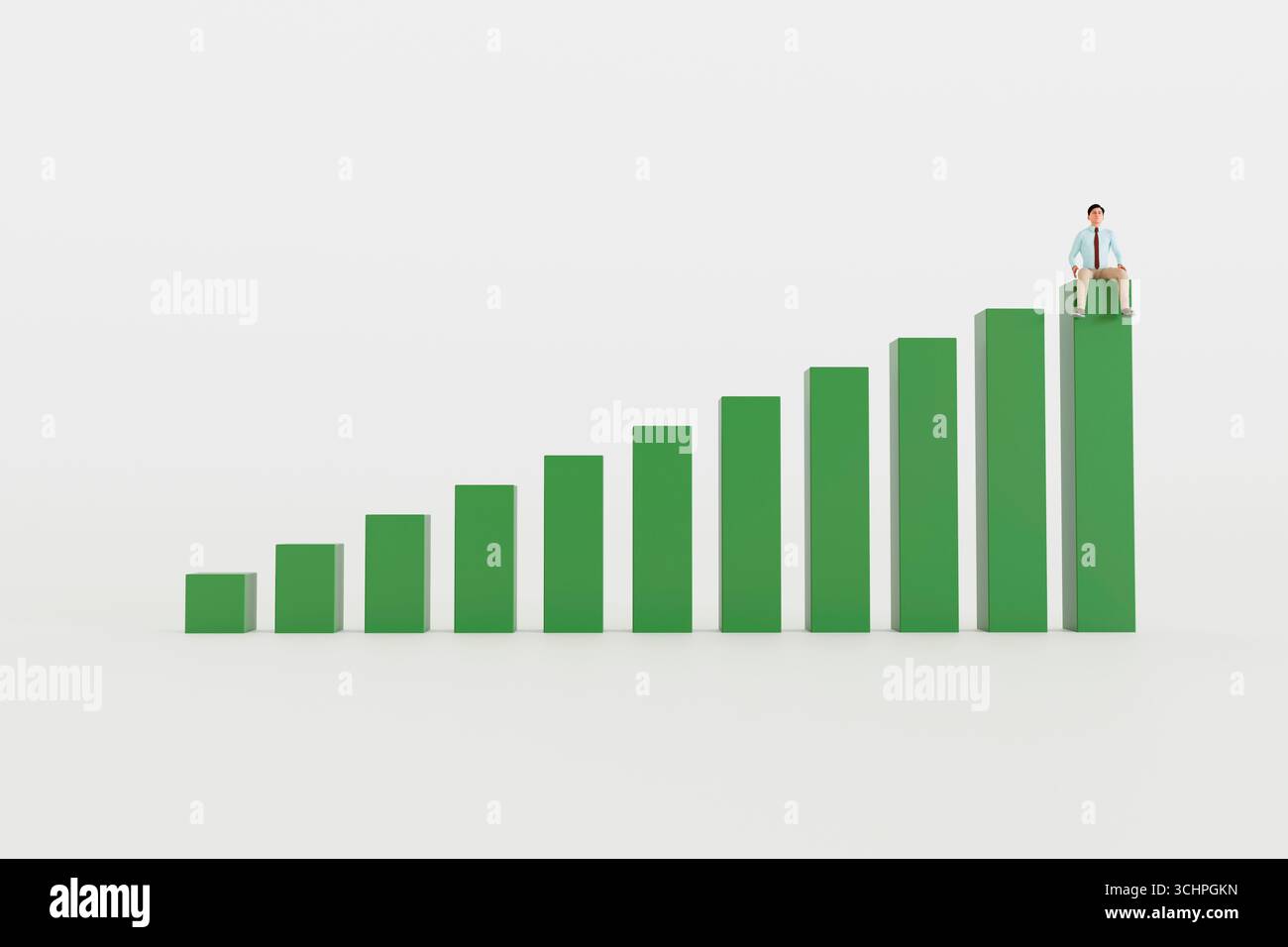 3D-Illustration eines Geschäftsmannes, der auf einem grünen Balkendiagramm sitzt. Konzept des Erfolgs, des Geschäftswachstums, der Leistung und der finanziellen Leistung. Stockfoto
