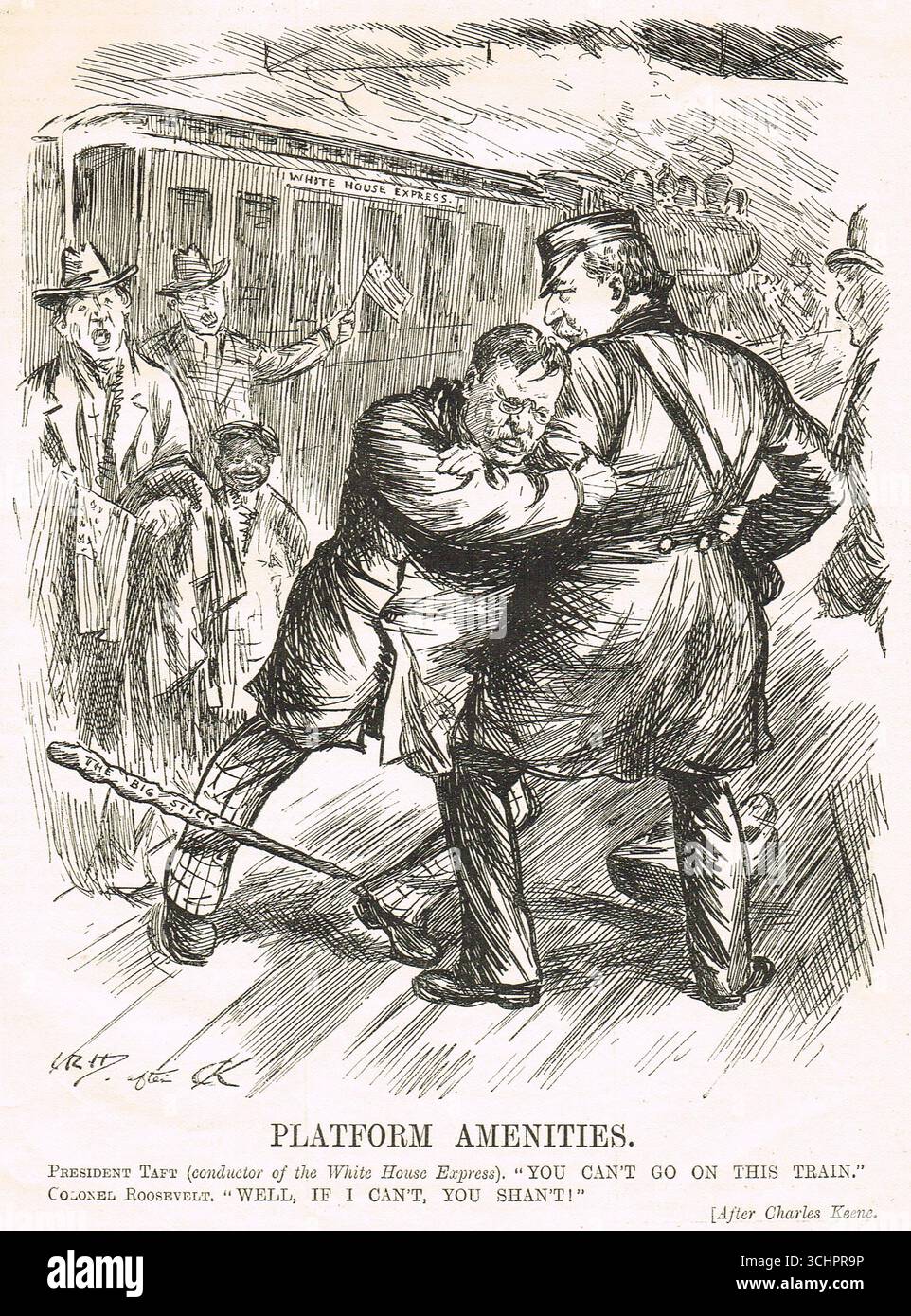 Punch-Cartoon von 1912 mit dem Titel „Platform Annehmlichkeiten“, der Kämpfe zwischen Präsident William Howard Taft und Ex-Präsident Theodore Roosevelt zeigt. Taft als Dirigent des Weißen Hauses Express sagt Taft, dass er nicht mit dem Zug fahren kann, und Roosevelt antwortet, gut, wenn ich nicht kann, shan's. Stockfoto