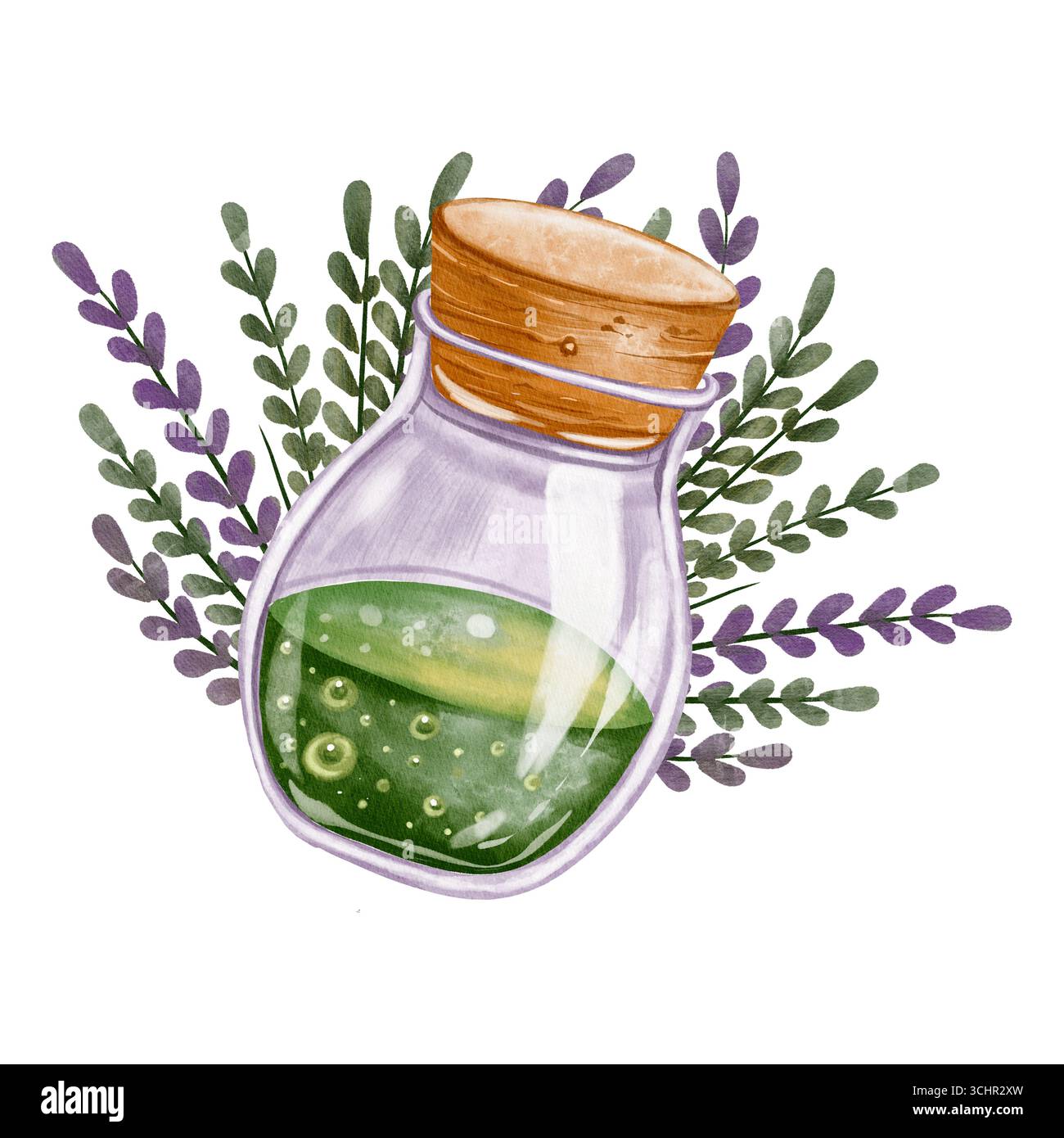 Aquarellillustration einer magischen Tränkflasche mit Lavendelzweigen, gezeichnet in skurrilem Stil. Perfekt für Fantasy-Designs und Hexenmotive Stockfoto