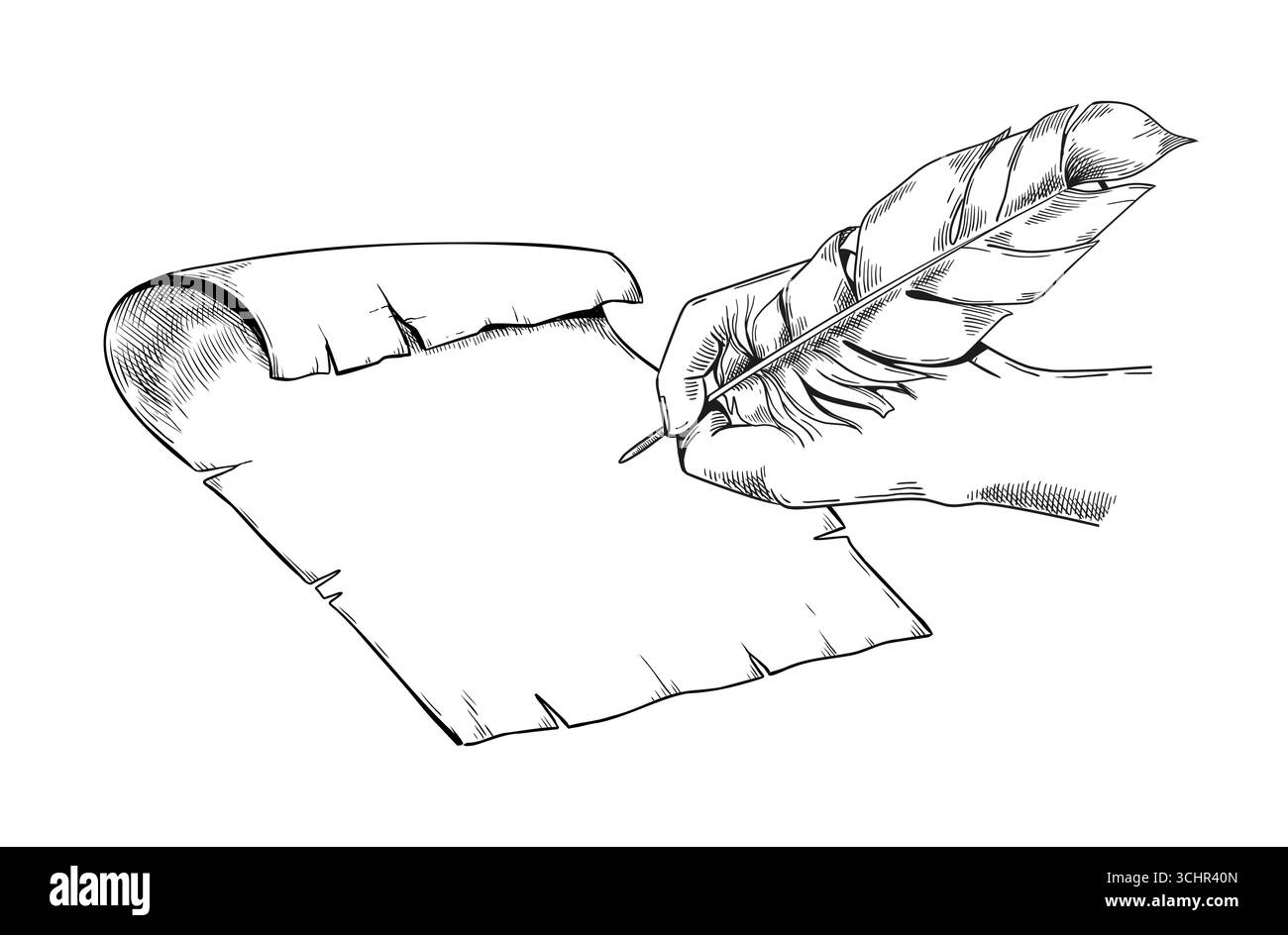 Vintage-Scroll. Handschrift mit Federstift. Zeichnung der Linienskizze. Signatur von Pergamentdokumenten. Chronik-Autor. Alte Notizpapierunterschrift. Gerissenes Manuskript. Mittelalterlicher Brief. Vektorgravierelement Stock Vektor