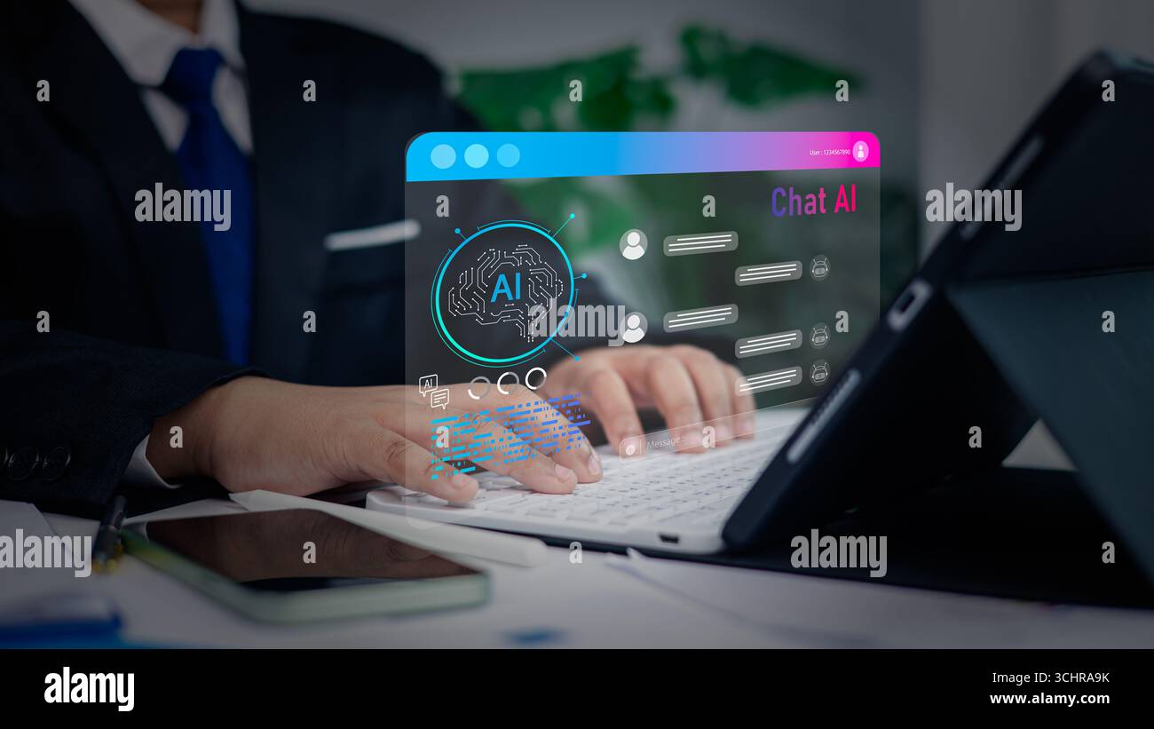 Geschäftsexperte verwenden KI-Chatbot auf einem Laptop mit holografischem Bildschirm und Gehirnsymbol, das künstliche Intelligenz, Kundenservice und Machin symbolisiert Stockfoto