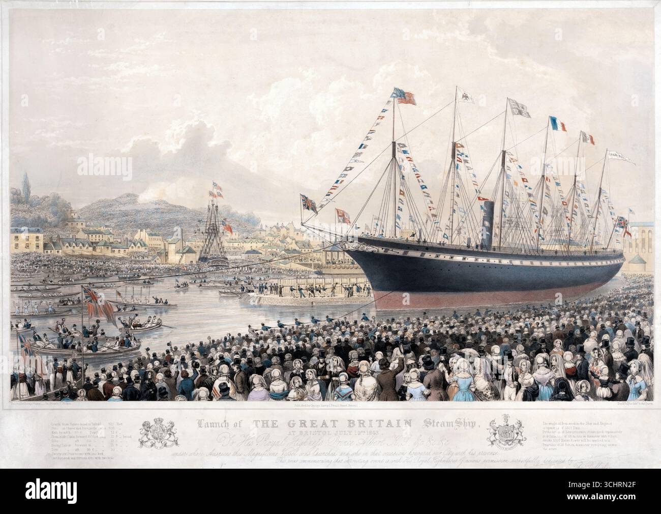 Start des Great Britain Steamship in Bristol England 19. Juli 1843 Skyline und Stadtlandschaft historische Perspektive mit farbigen Lithografien alten antiken Druck von Henry Papprill nach Joseph Walker, herausgegeben von George Davey Stockfoto