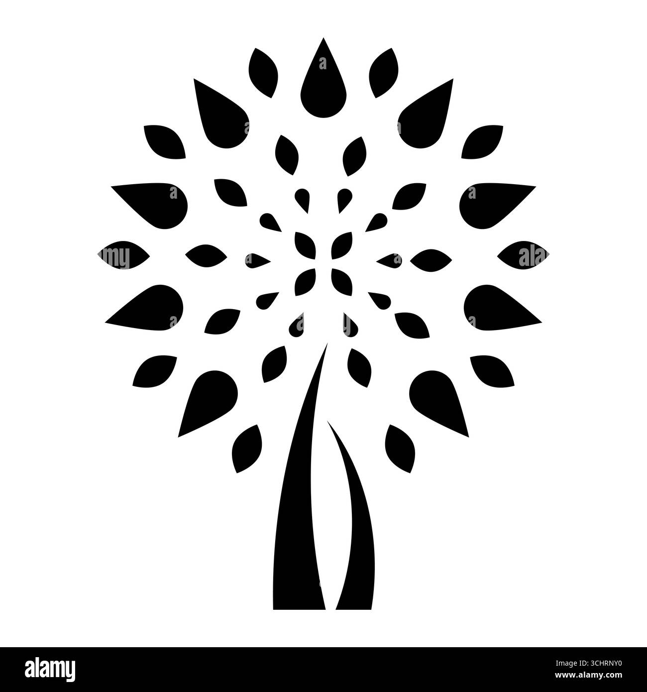 Abstrakter Baum mit Blattmuster. Abstrakter Baum, der aus stilisierten Blättern und tropfenförmigen Elementen erstellt wurde, die in einem Kreismuster angeordnet sind. Stock Vektor