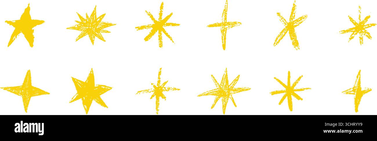 Kreidesterne Doodle-Kollektion. Handgezeichneter, strukturierter Satz von Sternsymbolen isoliert auf weißem Hintergrund Stock Vektor