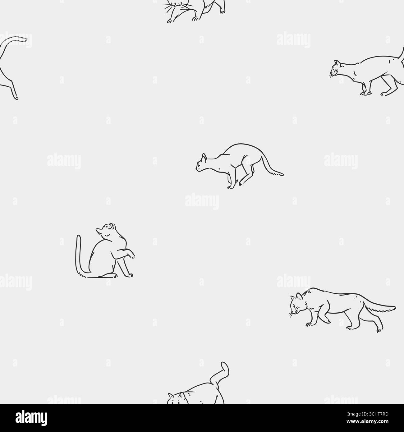 Hand gezeichneter Vektor abstrakte grafische Linie Kunst nahtloses Muster mit entzückendem netten lustigen Katzencharakter. Vektor-Illustration der lustigen Karikatur Umrisskatze Stock Vektor
