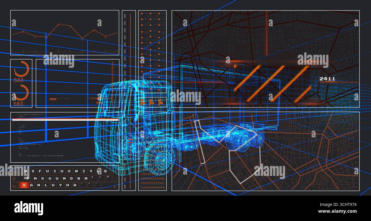 Anzeige eines neonblauen Drahtmodells für Lkw auf digitaler Schnittstelle mit Karte, Anzeigen und Straßenkarte Stockfoto