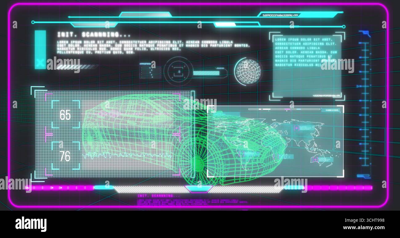 Anzeige der holografischen Scanschnittstelle in der Konsole, mit Drahtmodellkopf, Weltkarte, Neonrahmen Stockfoto