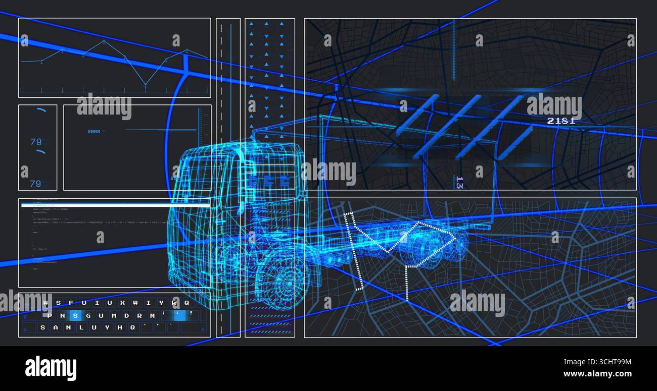 Anzeigen eines futuristischen Dashboards mit 3D-Drahtmodell auf räumlichem Raster mit Datenfeldern Stockfoto