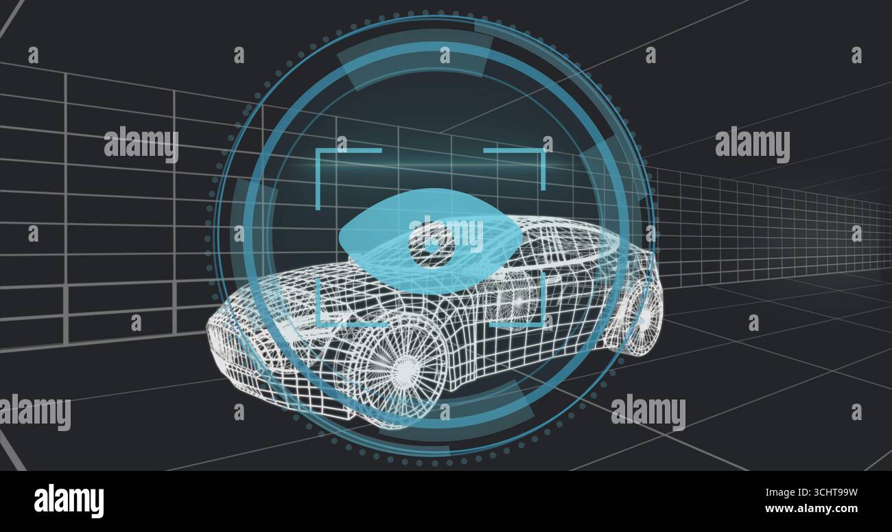 Zeigt ein drehbares Drahtmodell für Sportwagen im virtuellen Designstudio mit blauem HUD-Überzug Stockfoto
