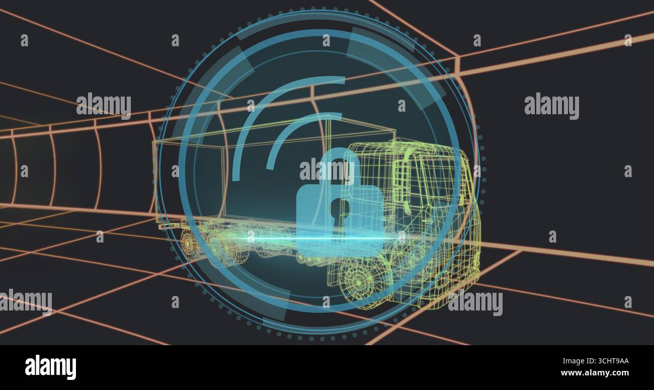 Mit Drahtmodell-Lkw, der durch einen virtuellen Tunnel fährt, mit Vorhängeschloss-Symbol und HUD-Kreisen Stockfoto