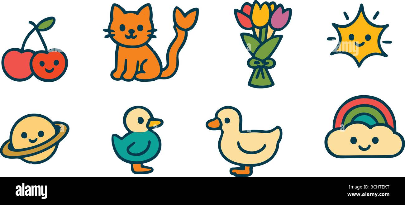 Niedliche Zeichentrick-Illustration Set mit lächelnder Kirschfrucht, orangener Katze, Blumenstrauß, glückliche Sonne, Planet, Enten, Regenbogenwolke – bunte Vektorsymbole f Stock Vektor