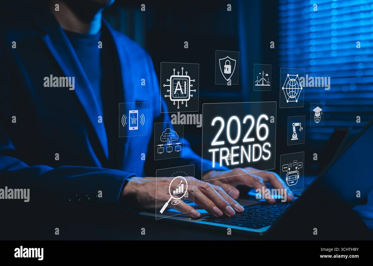 2026 Unternehmenstrends und technologische Innovationen in der Zukunft. Futuristisches Konzept von 2026 Trends mit Symbolen für KI, Blockchain, digitale Sicherheit, Robotik, Stockfoto