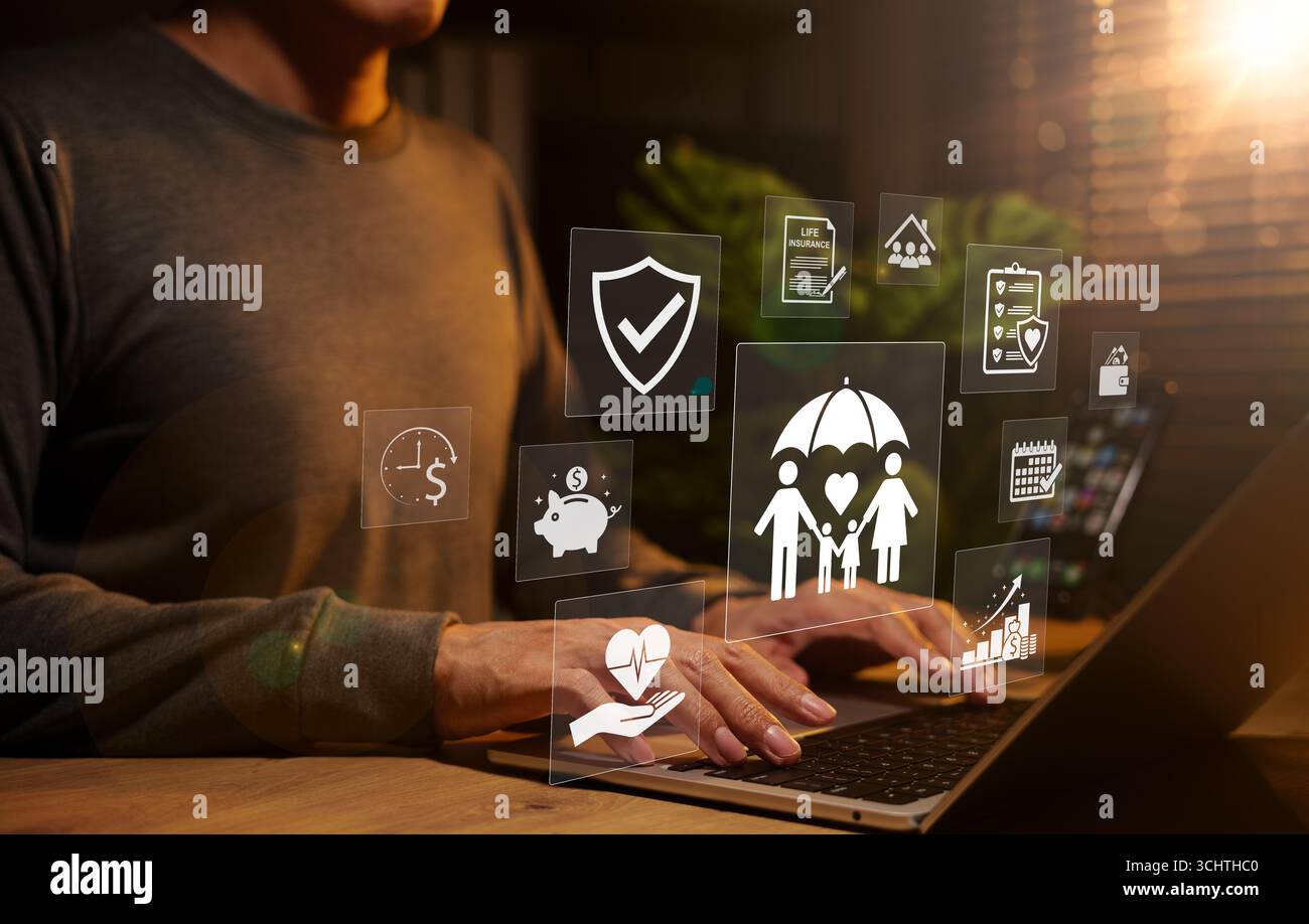 Lebensversicherung und Familienschutzkonzept. Lebensversicherung mit Symbolen für Familienschutz, Gesundheit, Sparen, Sicherheit und Finanzplanung. Stockfoto