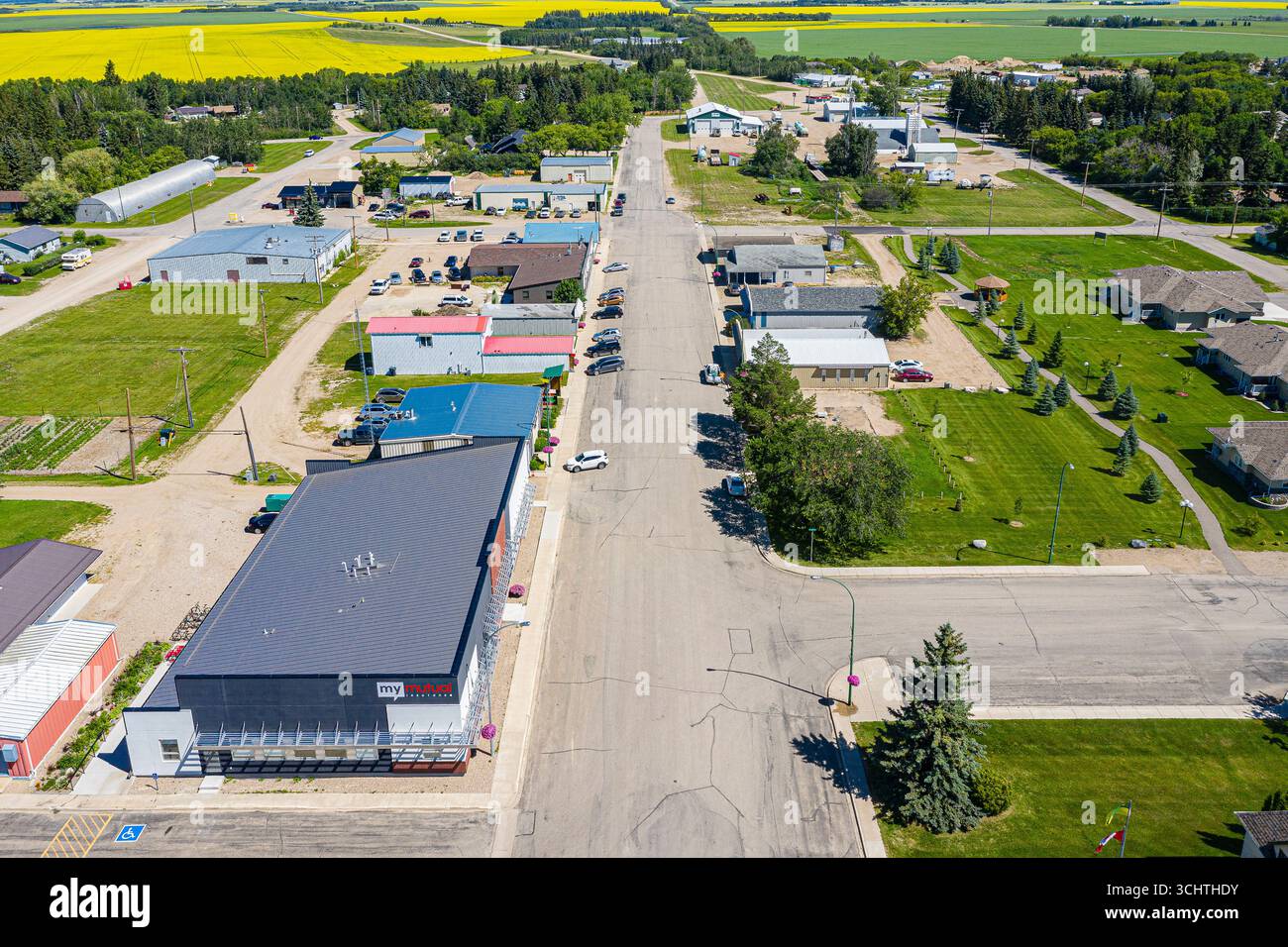 Lebhafte Sommerantennen von Waldheim, die das Raster der Stadt, die umliegenden Felder und den Präriehorizont unter klarem blauem Himmel erfassen. Stockfoto