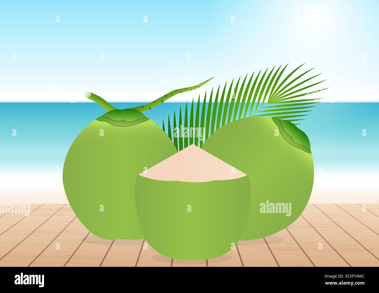 Frische grüne Kokosnuss am Strand. Vektorabbildung. Stock Vektor