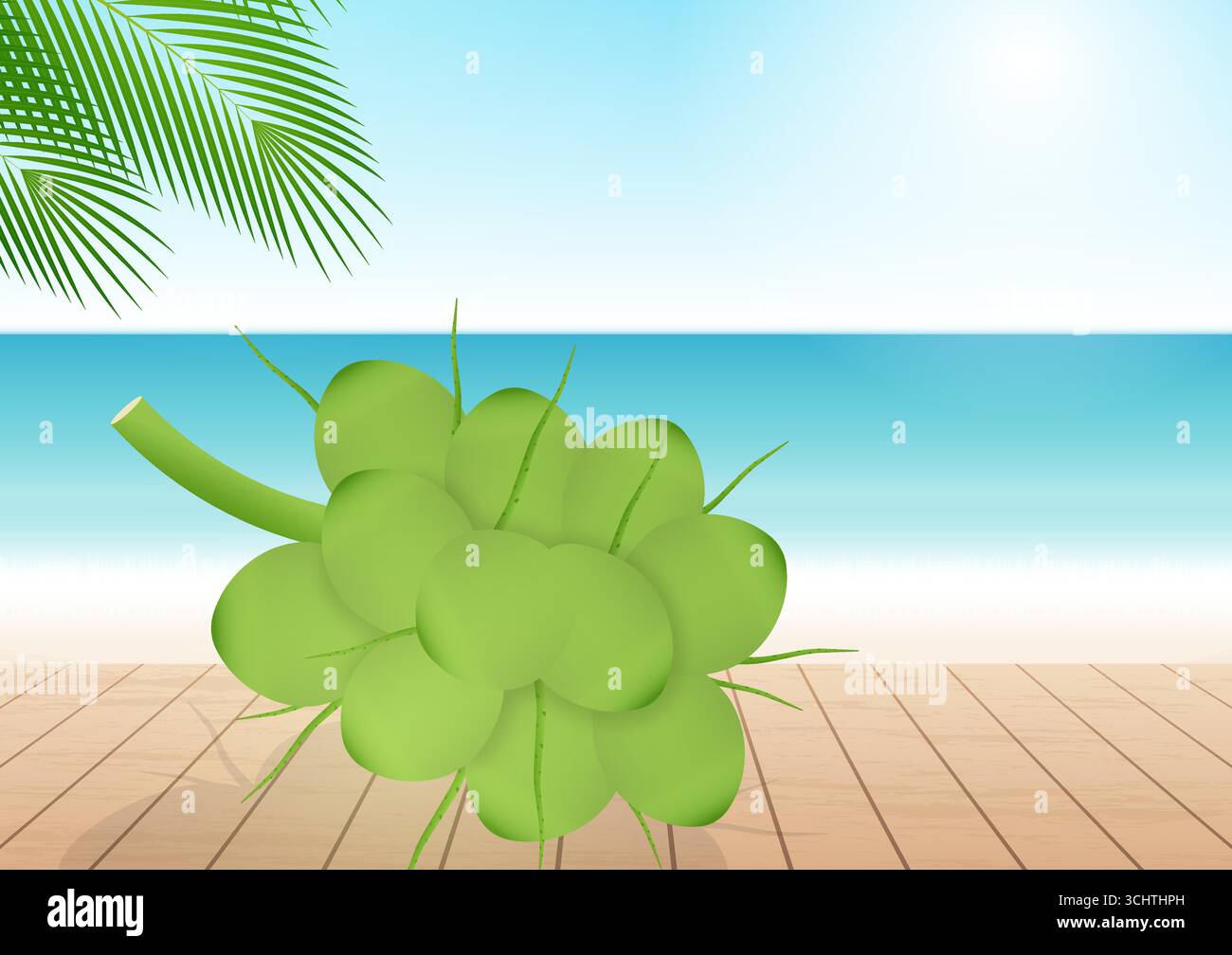 Frische grüne Kokosnuss am Strand. Vektorabbildung. Stock Vektor