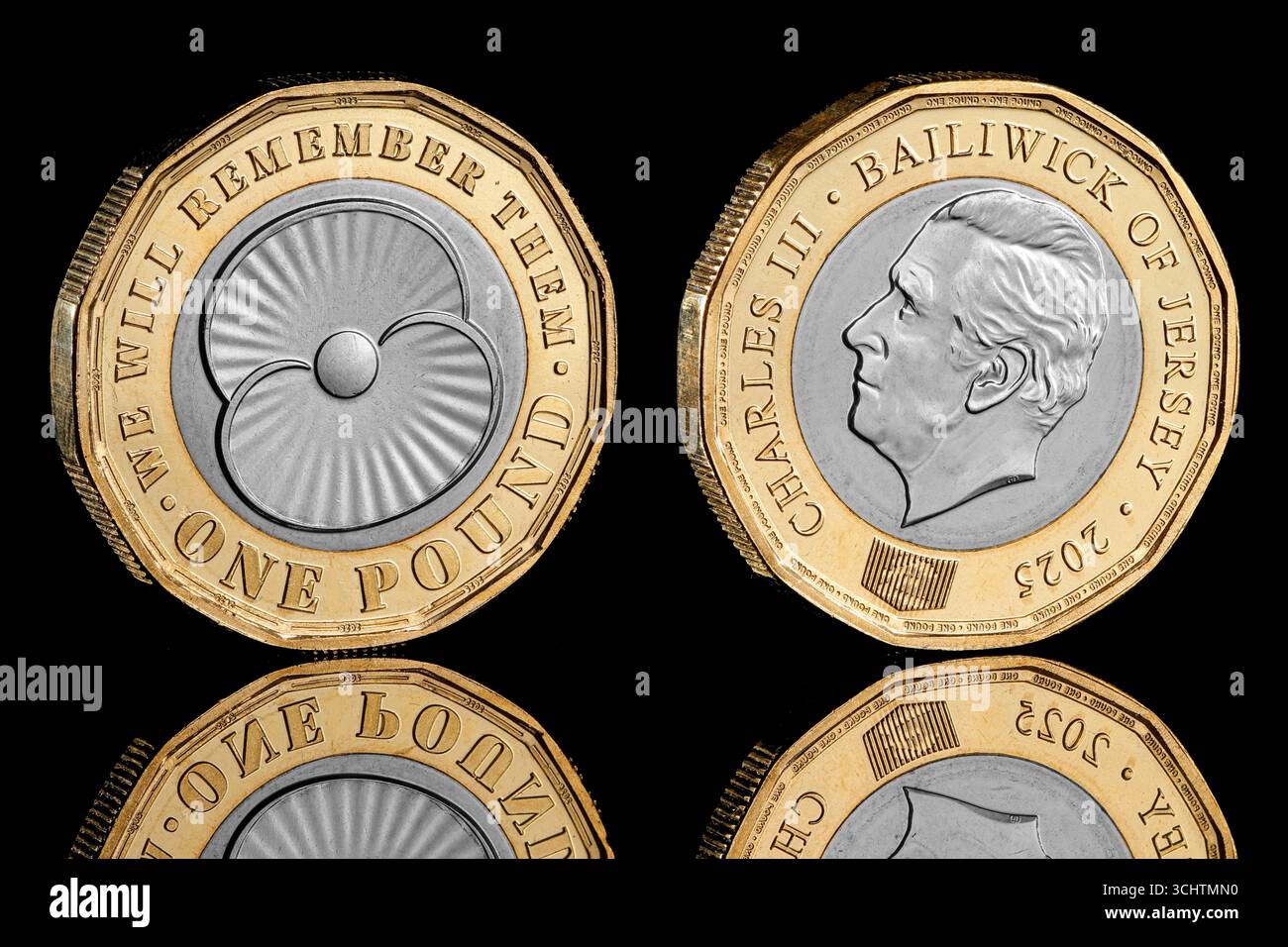 2025 Trikot-Bimetall-1-Pfund-Münze mit einem Poppy-Design zum Gedenken an die Arbeit der Royal British Legion und einem Porträt von König Charles II von Glyn Davies Stockfoto
