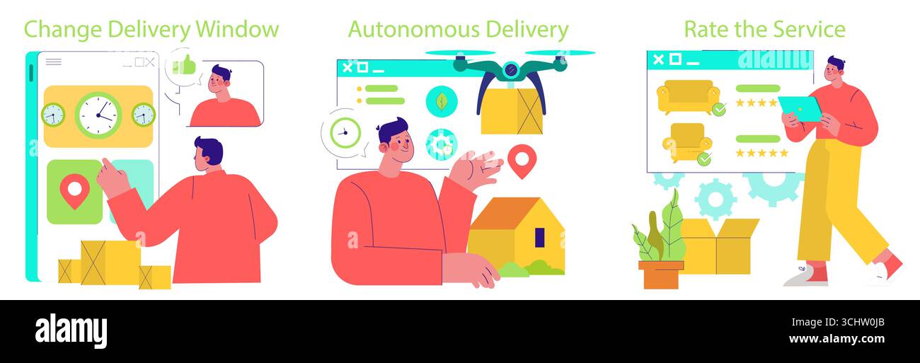 Vektorabbildung, die einen Prozess der Änderung von Lieferfenstern, der autonomen Bereitstellung auf Drohnenbasis und der Bewertung von Serviceerfahrungen darstellt. Charaktere interagieren digital mit Bereitstellungsdiensten. Stock Vektor