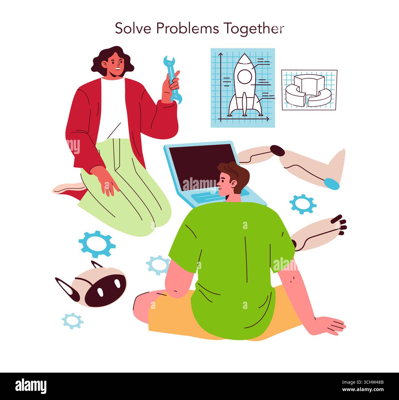 Vektor-Illustration von zwei Personen, die an einem Laptop zusammenarbeiten, umgeben von Technologiesymbolen wie Diagrammen und Roboterarmen. Die Szene betont Teamwork und Innovation. Stock Vektor