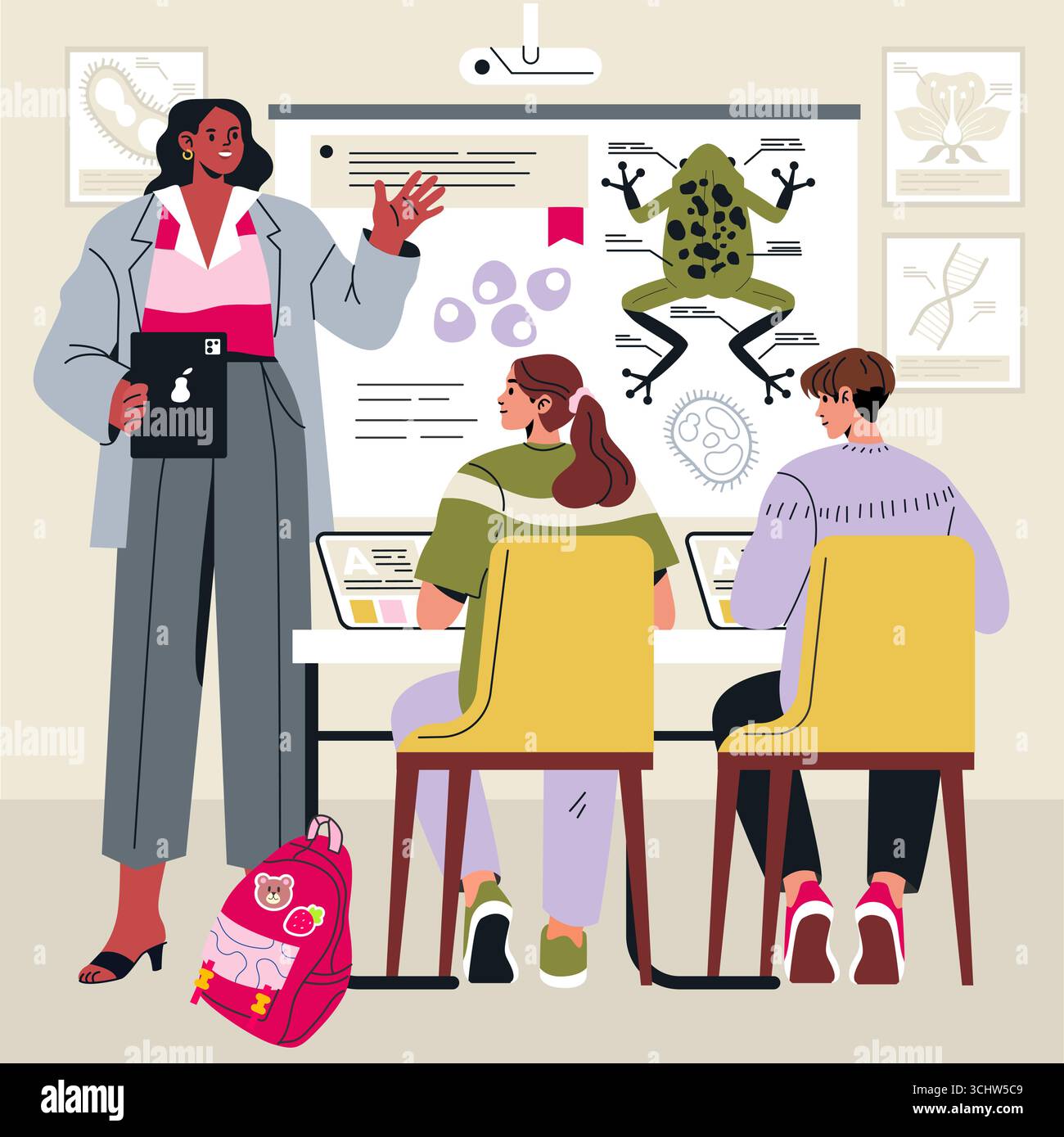 Biologie-Klassenszene mit einem Lehrer, der aufmerksamen Schülern mit Hilfe von visuellen Hilfsmitteln Konzepte erklärt. Bildungseinrichtung mit digitalen Geräten und anatomischen Diagrammen. Vektorabbildung. Stock Vektor
