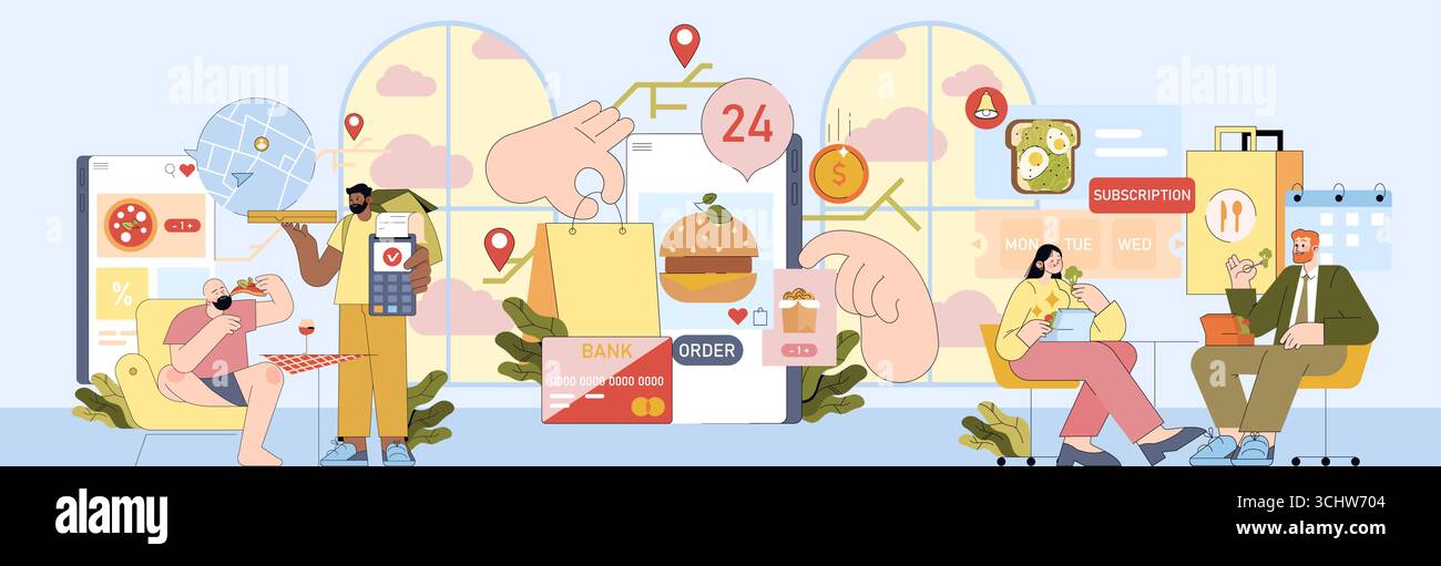 Vektorabbildung, die verschiedene Aspekte einer Online-App zur Bestellung von Lebensmitteln darstellt. Umfasst Elemente wie digitale Menüs, Zahlungsoptionen und Navigation. Menschen, die mit App-Funktionen interagieren. Stock Vektor