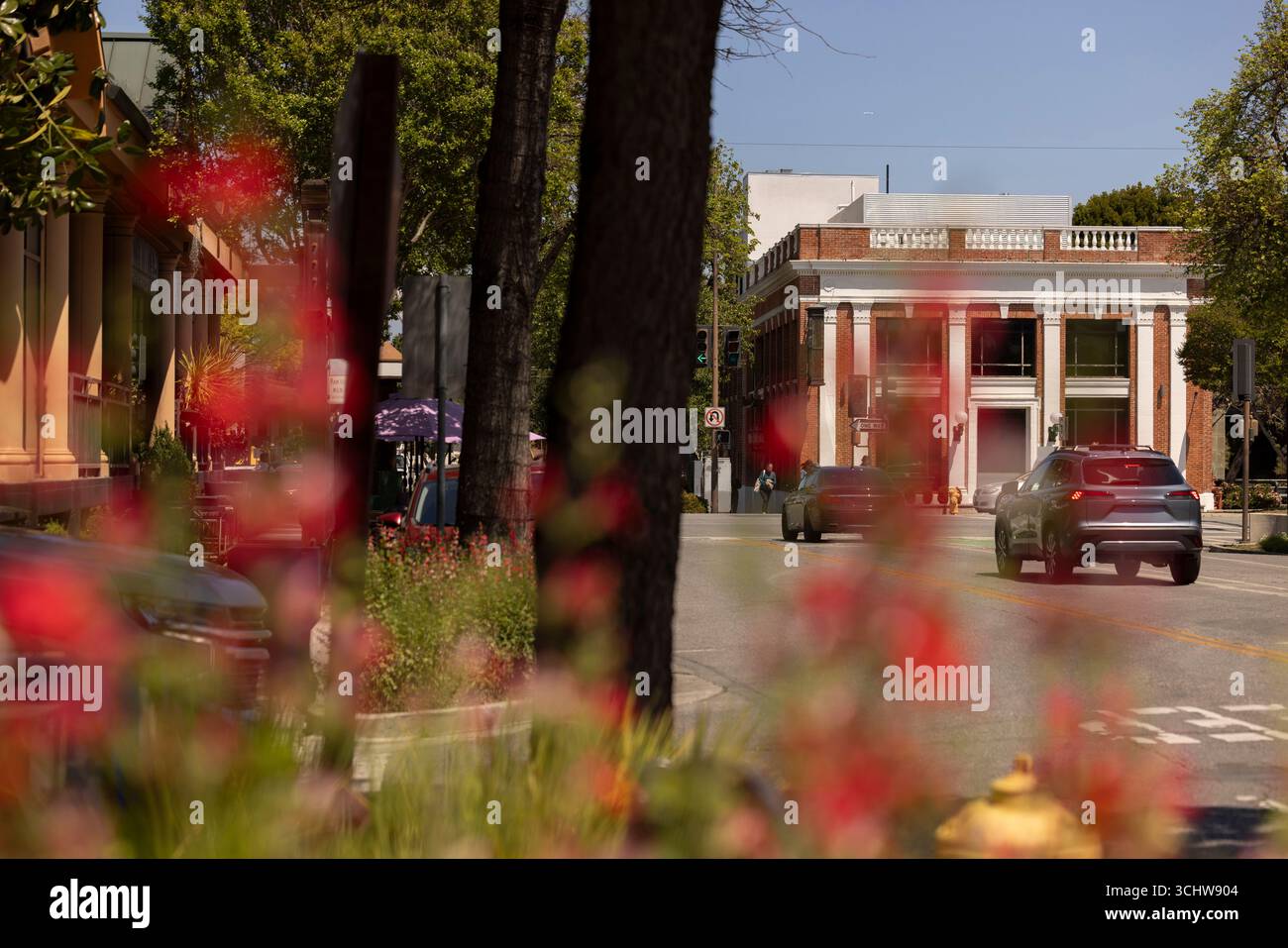 Blick auf das historische Stadtzentrum von Menlo Park, Kalifornien, USA. Stockfoto