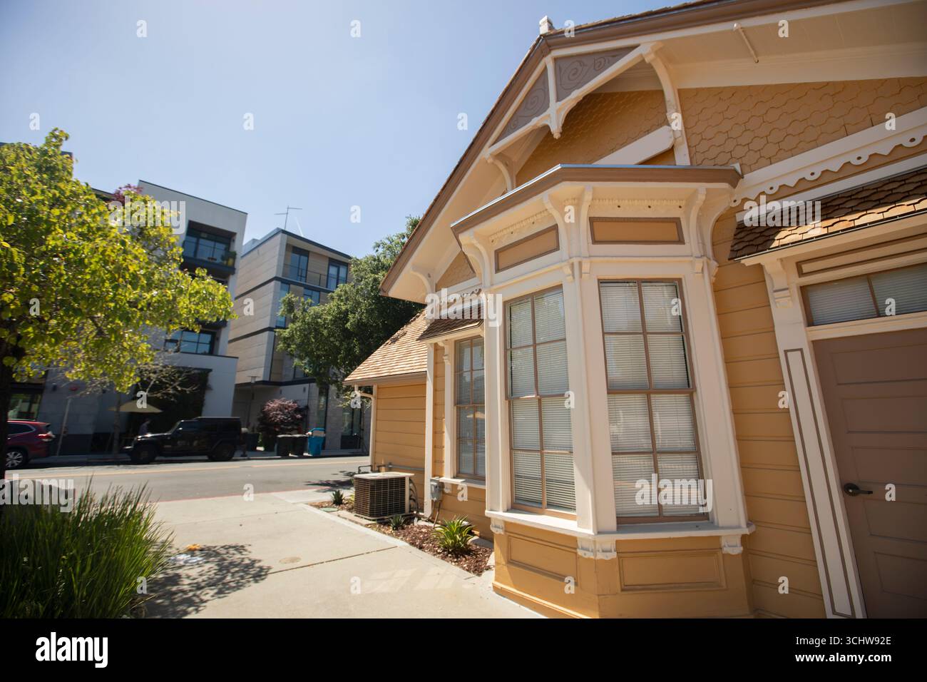 Blick auf das historische Stadtzentrum von Menlo Park, Kalifornien, USA. Stockfoto