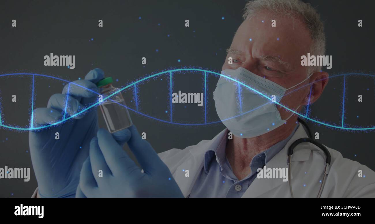 Arzt inspiziert die Durchstechflasche mit grünem Verschluss im Labor, mit blauen Handschuhen, Stethoskop und DNA-Helix, Kopierraum Stockfoto
