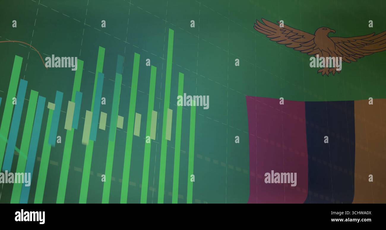 Vertikales Balkendiagramm auf dem Armaturenbrett mit Rasterlinien, mehrfarbigen Fahnenstreifen und Adleremblem Stockfoto