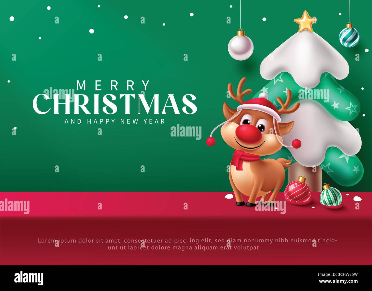 Frohe Weihnachtsgrüße mit niedlichem Rentier, schneebem Baum und bunten Ornamenten Stock Vektor