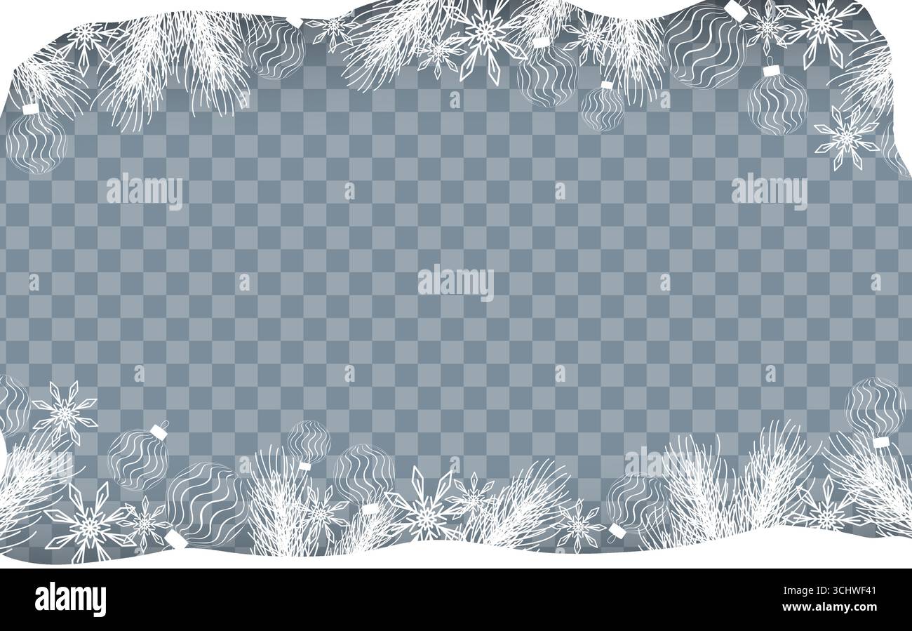 Weihnachtsrand Clipart transparenter Rahmen mit Schneeflocken, Kugeln und Winterkiefernzweigen Stock Vektor