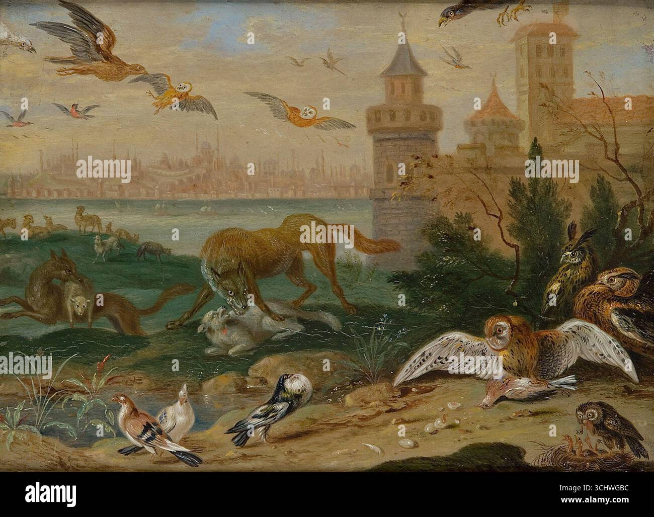 Views of the Four Parts of the World with Animal Scenes: Konstantinopel, von Ferdinand van Kessel dem Älteren. Zeigt exotische Tiere, Wölfe, Eulen und Vögel vor dem Hintergrund der Stadt und Türme. 17. Jahrhundert. Stockfoto
