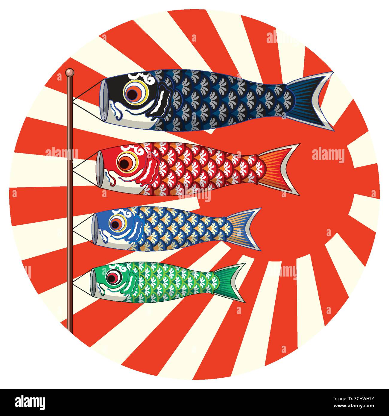 Vier bunte Koinobori-Karpfenstreuer auf einem Pol, kühner roter Sonnenstich Hintergrund, Vektor-Illustration Stock Vektor