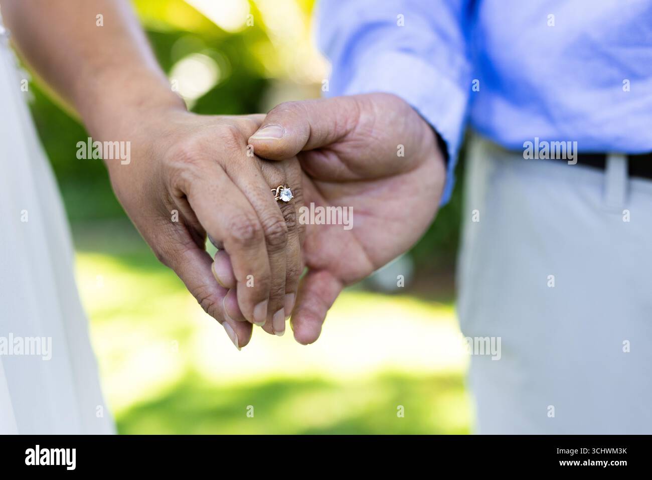 Im Garten halten Seniorenpaare Hände, zeigen Verlobungsring und Liebe Stockfoto