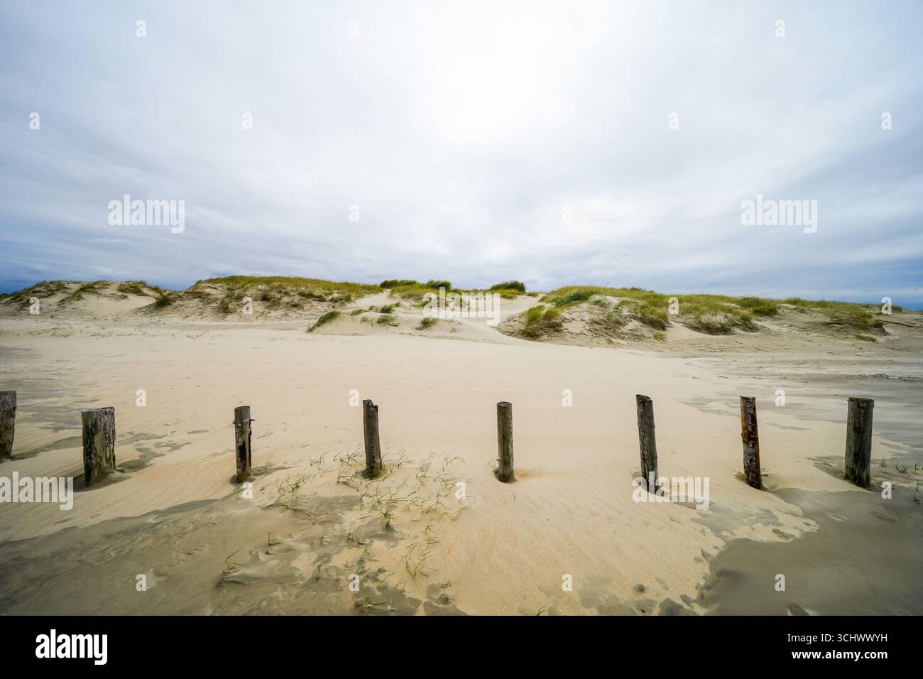 Strandlandschaft auf Rømø. Die dänische Wattenmeerinsel Rem. Minimalistische Natur am weitläufigen Strand. Stockfoto