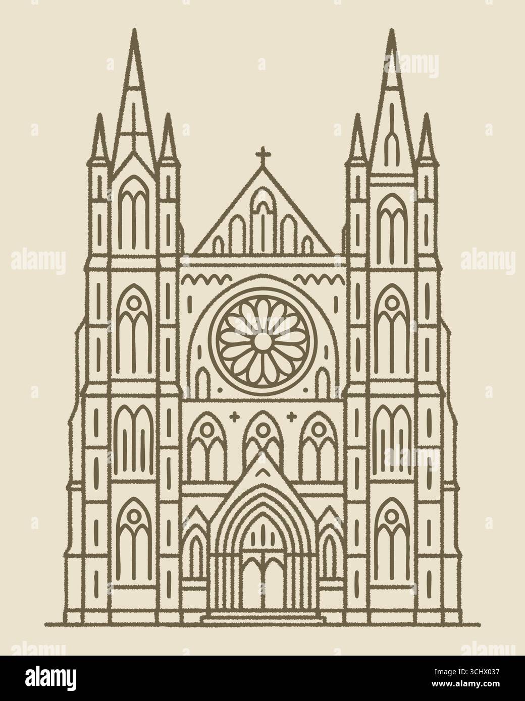 Eine hohe architektonische Fassade zeigt Türme, Spitzbögen und ein großes kreisförmiges Fenster, das in raffinierten Linien gezeichnet ist. Stock Vektor