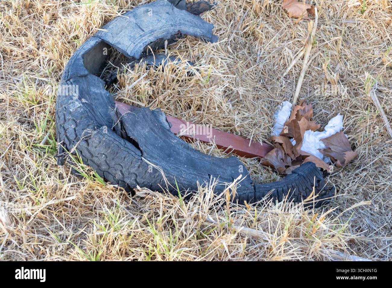 Entsorgte und beschädigte Reifen liegen auf einem trockenen Grasfeld und symbolisieren Umweltverschmutzung und verantwortungslose Abfallentsorgung Stockfoto
