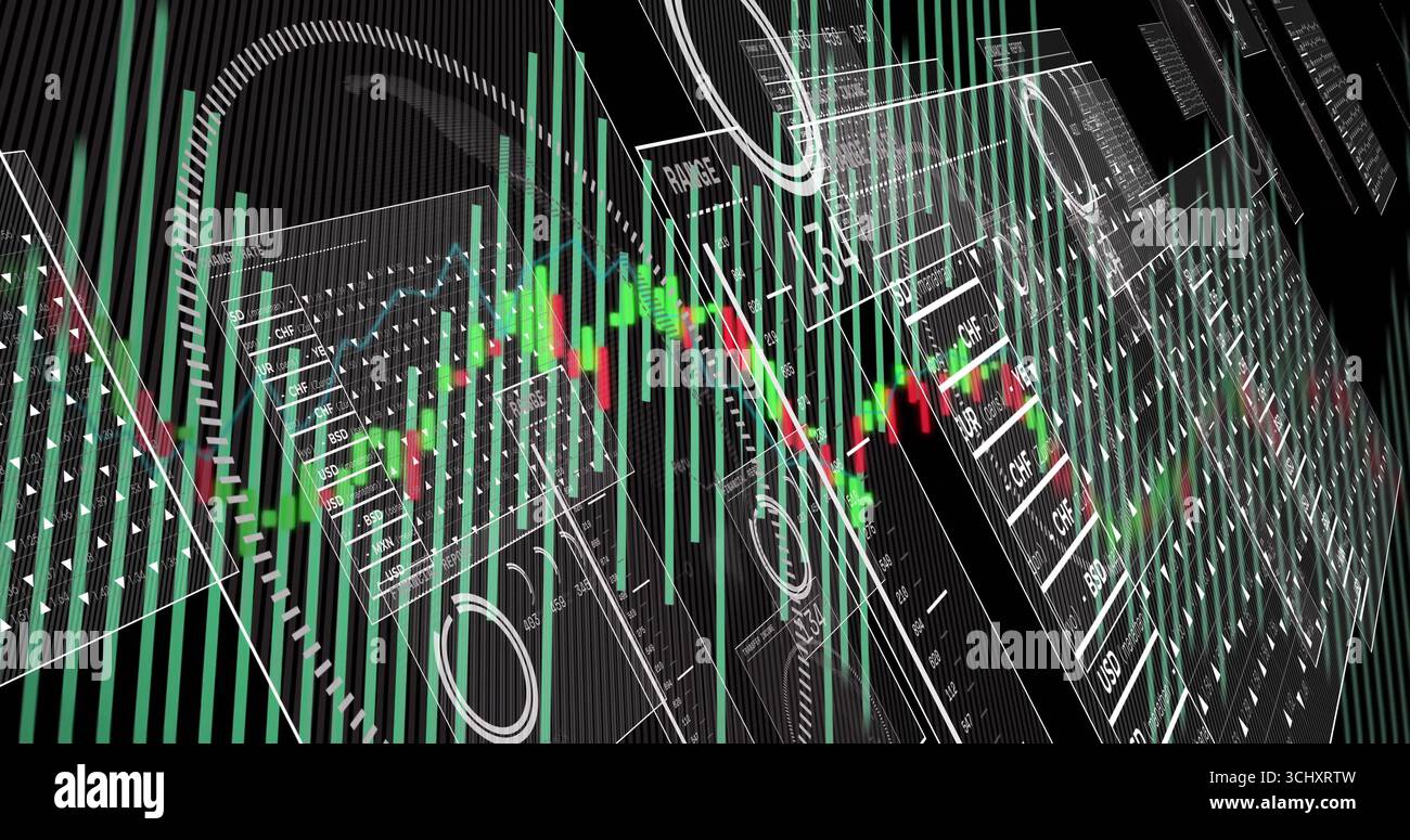 Digitale Armaturenbrettfelder im digitalen Raum mit grünen roten Kerzenleuchtern und numerischen Tabellen Stockfoto