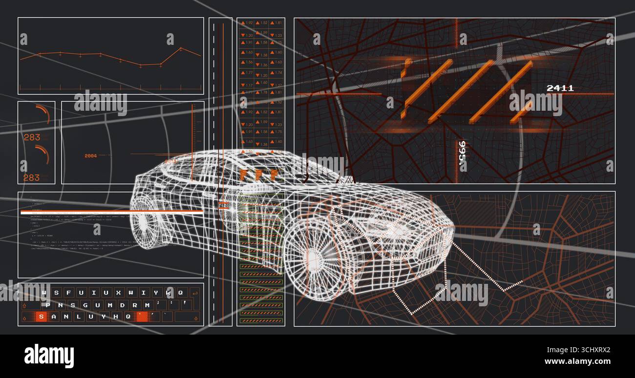 Anzeigen von Drahtmodellen in der 3D-Limousine in virtueller Umgebung, Anzeigen von Diagrammen, Hexadezimalraster, orangefarbenen Balken Stockfoto