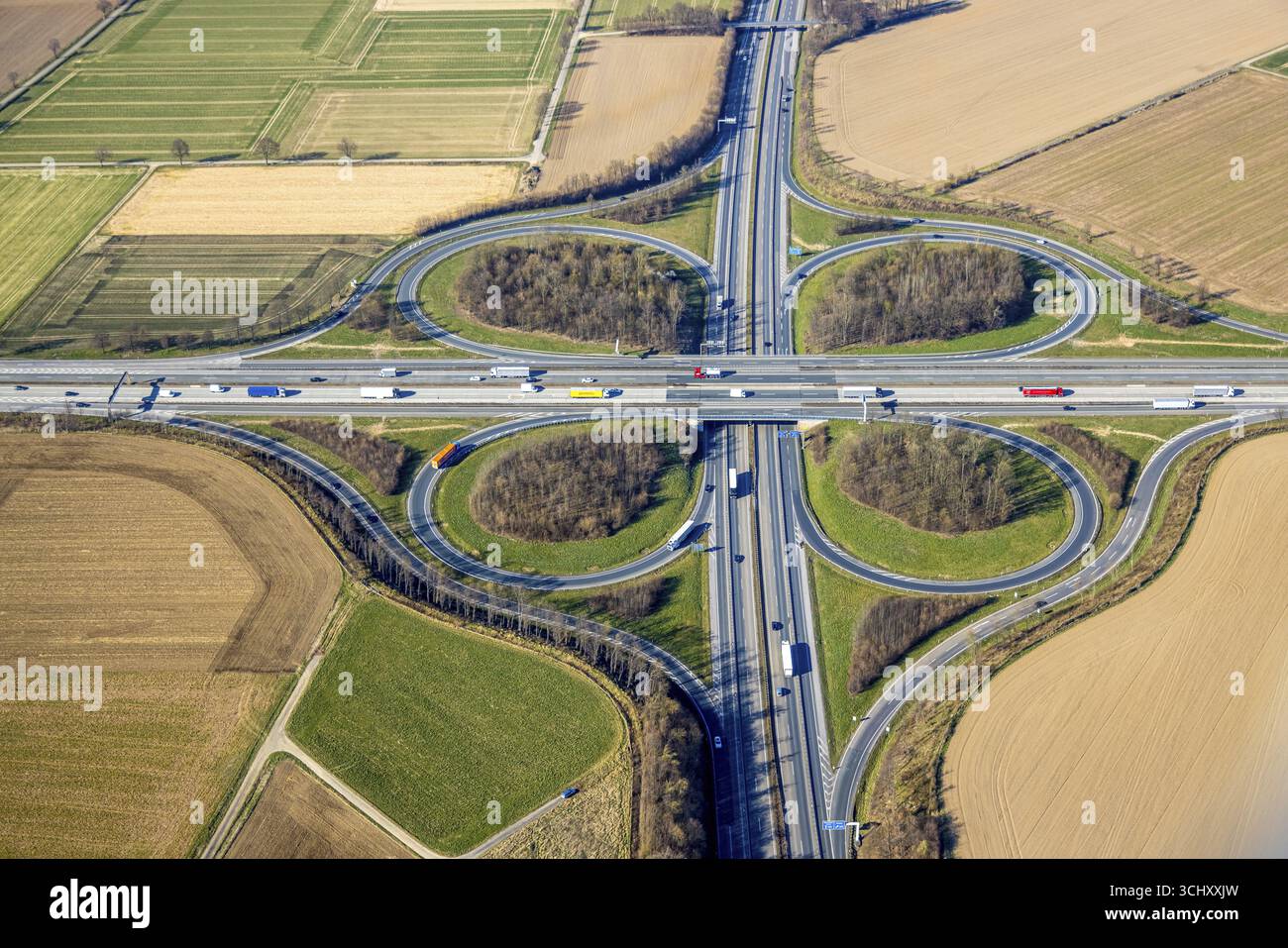 Luftaufnahme, Autobahnkreuz Werl der A44 und A445 Kleeblatt-Form, Werl, Soester-Boerde, Nordrhein-Westfalen, Deutschland, mo Stockfoto