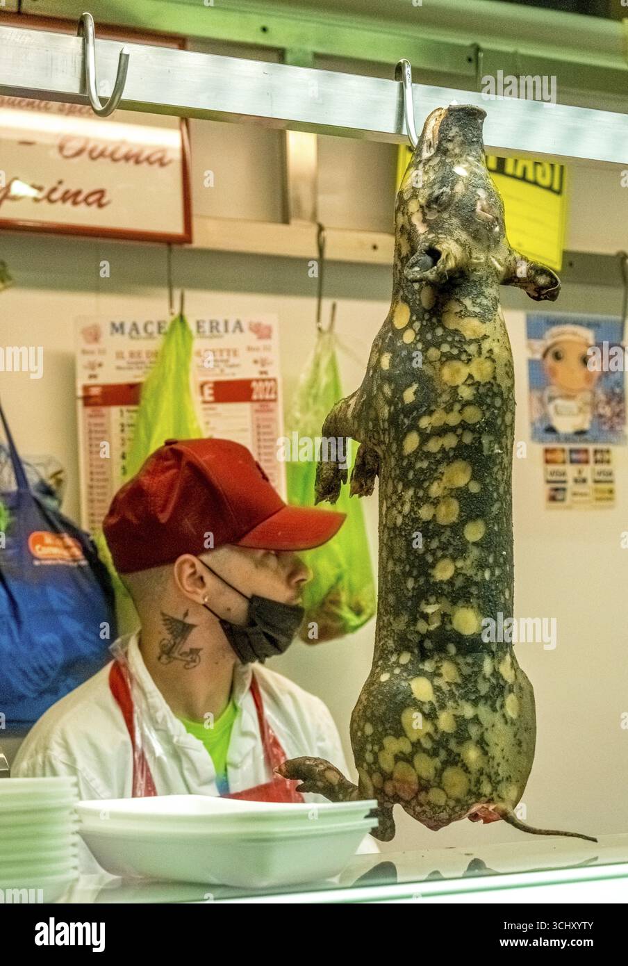 Sardinien, Lebensmittelmarkt, Schwein am Haken, Cagliari, Europa, Metropole Cagliari, Italien, Feinkostgeschäft, Einkaufen, Essen, Fleisch, Metzgerei, Frische Stockfoto