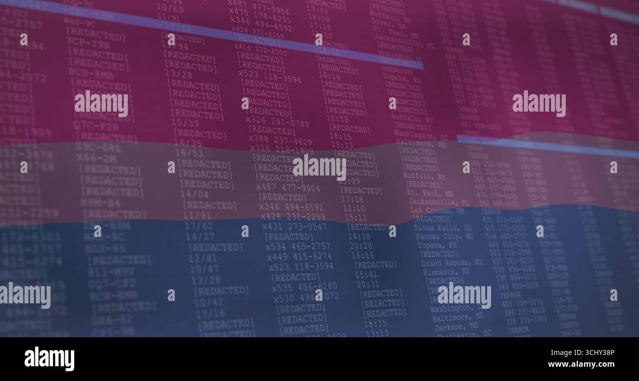 Schwebender bisexueller Flag über der gescannten Tabelle mit Codes, Zeiten und rosa blauen Markierungsbalken Stockfoto