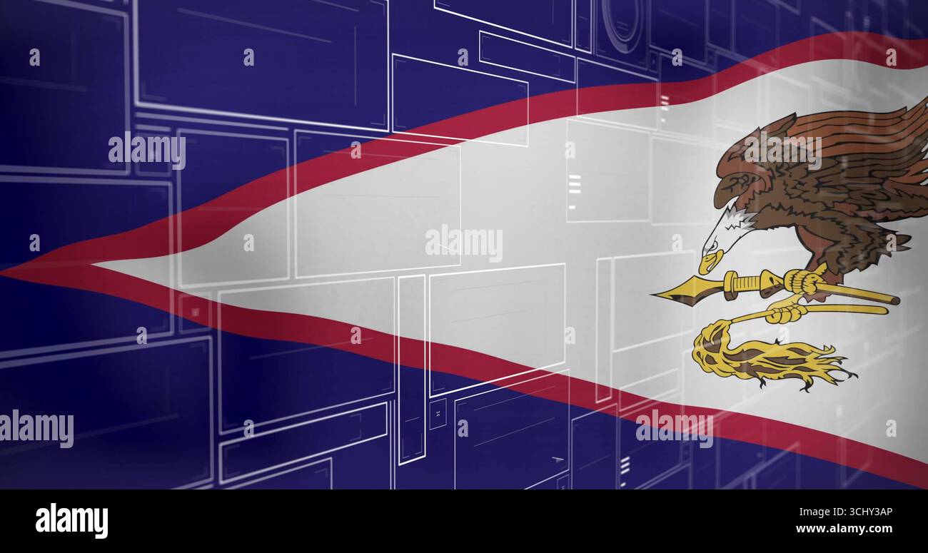 Die amerikanische Samoa-Flagge wird im digitalen Gitterhintergrund angezeigt, mit Adlern, die Kriegsschläger und Fue halten Stockfoto