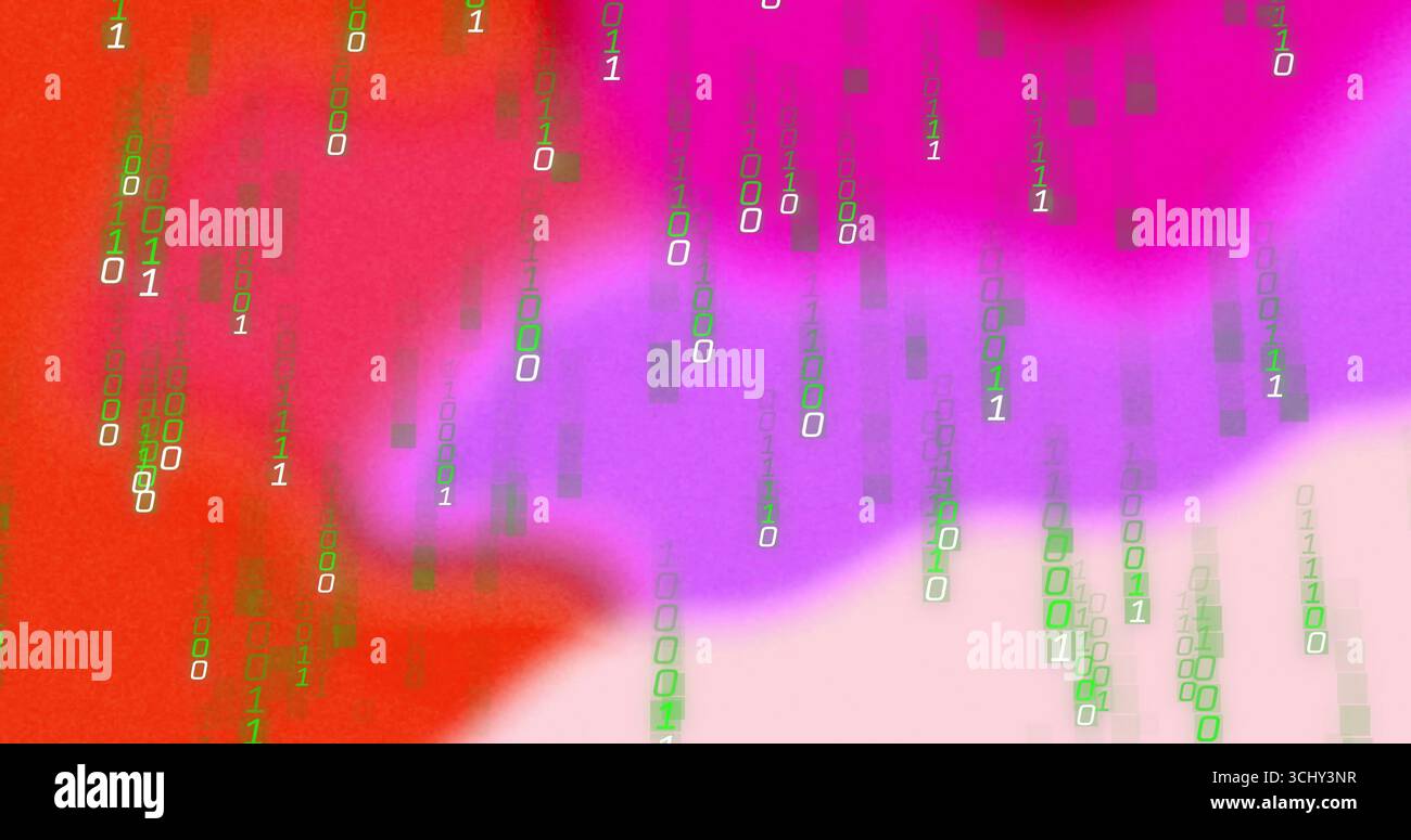 Kaskadierende Datenströme mit binären Ziffern, die in virtueller Umgebung fließen, mit Neongrün und weißem Code Stockfoto