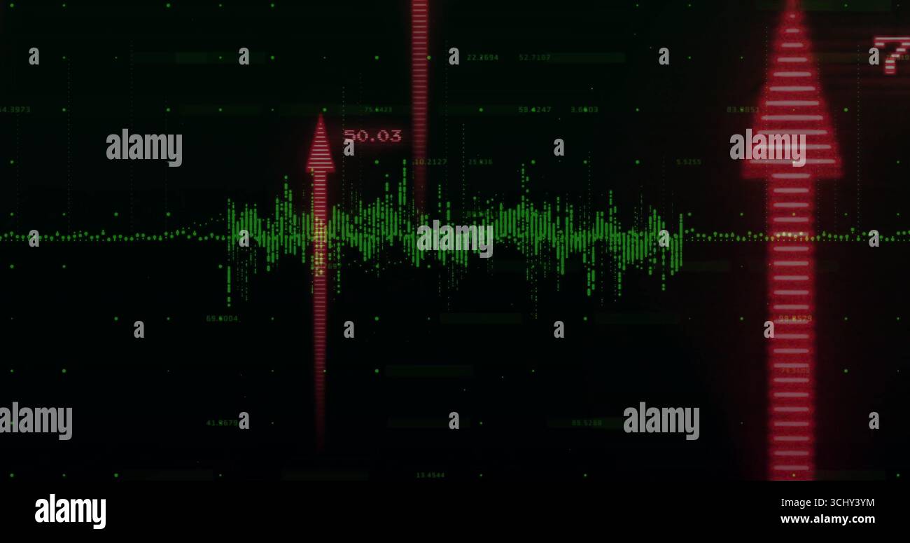 Anzeige der grünen Kurve auf dem Bildschirm mit numerischen Werten und roten Pfeilen Stockfoto
