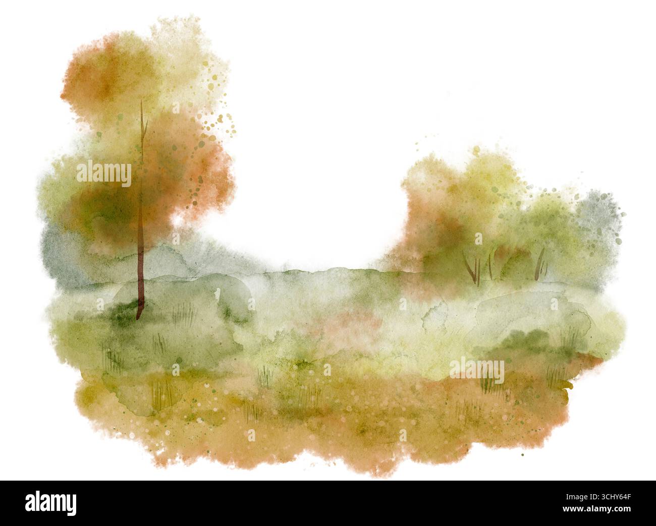Aquarelllandschaft Illustration der Herbstlandschaft mit Bäumen, Wiesen und saisonalem Laub in warmen Farben. Zeichnung des Herbstwaldes mit Baum und Büschen für Hintergrund- und Landschaftsdesigns. Stockfoto