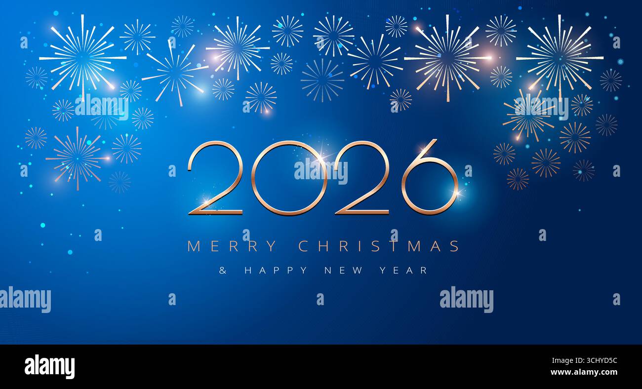 2026 Neujahrsweihnachtshintergrund mit Feuerwerk. 2026 elegante Grußkarte in Blau und Gold für Firmenneujahr 2026 und Weihnachten Glückwunsch - ve Stock Vektor