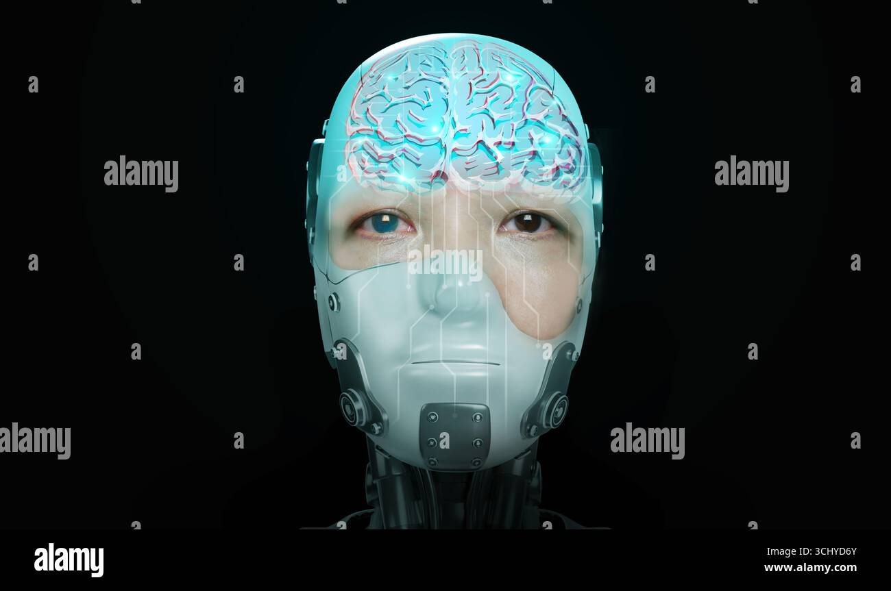 Futuristischer humanoider Roboter mit digitalem Gehirn, der künstliche allgemeine Intelligenz, fortschrittliche KI, maschinelles Lernen und Innovation in der Evo repräsentiert Stockfoto