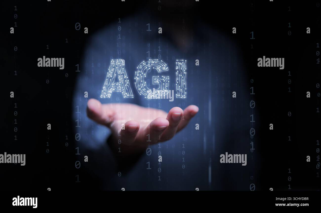 Futuristisches AGI-Konzept mit menschlicher Hand und binären Codes, symbolisiert Selbstbewusstsein, Mensch-KI-Verbindung, Bewusstsein und philosophische Vision Stockfoto