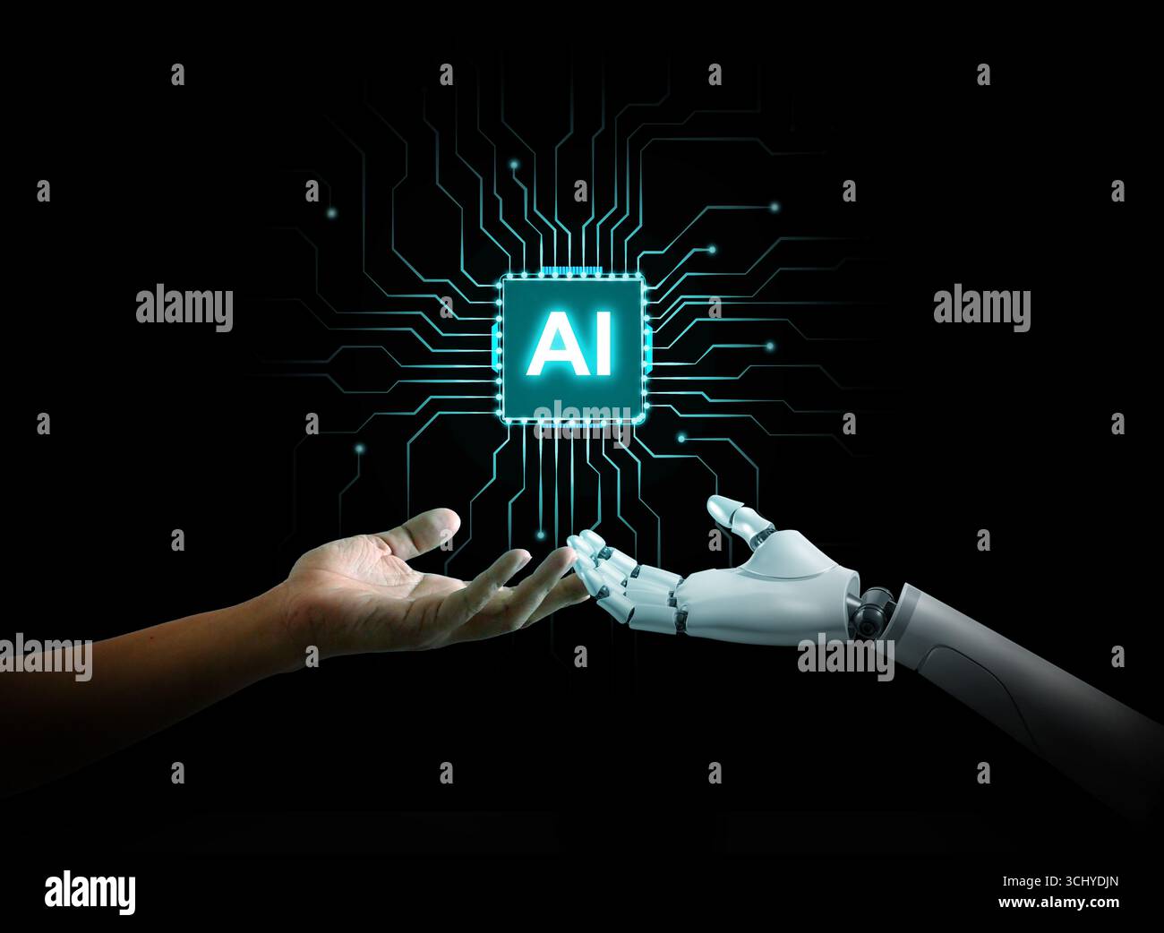 Konzept der menschlichen und KI-Zusammenarbeit mit glühenden Chip- und digitalen Schaltkreisen, die Bewusstsein, Mensch-Maschine-Verbindung und das Philosophische symbolisieren Stockfoto